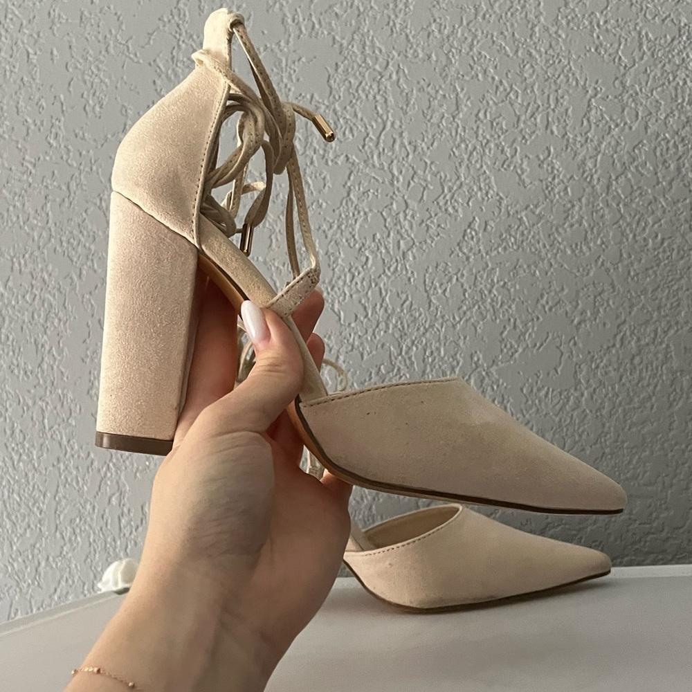 Lulu’s Luna Light Nude Suede Lace-Up Heels